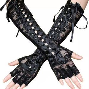 Lace Up Stretch Fingerless Gloves | Women Gothic Punk Wedding Costume Black #824